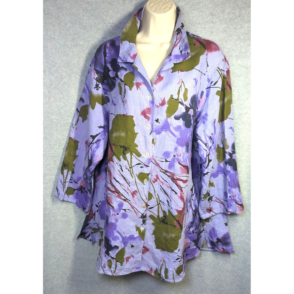 Habitat Clothes To Live In 100% Linen Shirt Blouse XL Purple Abstract Relaxed